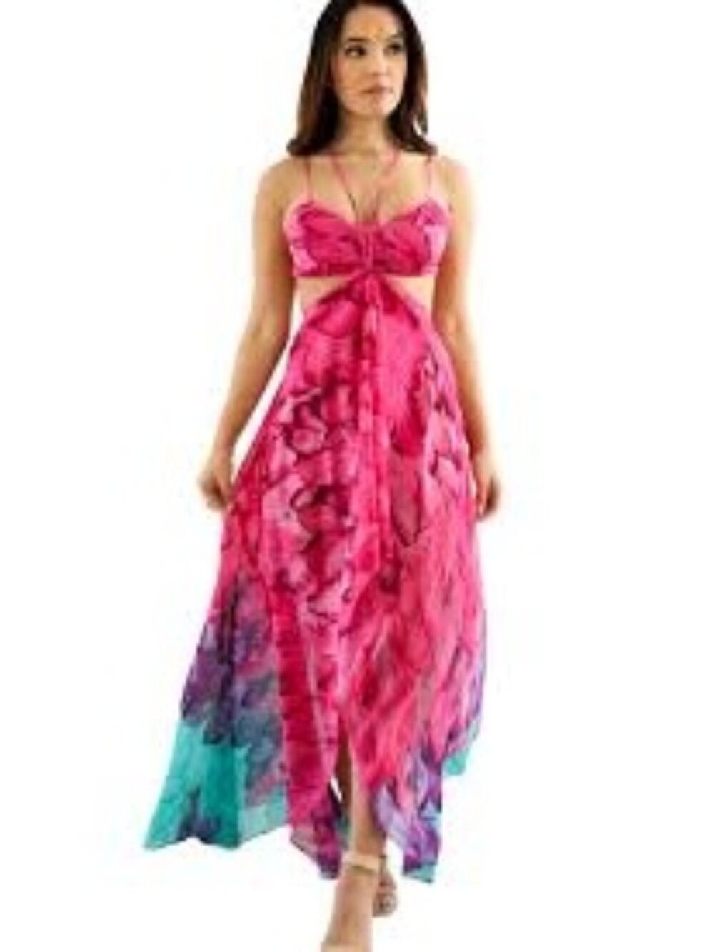 Women's Pink Green Peacock SEXY Cut out Maxi Dress Size M